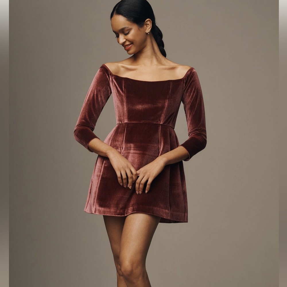 Hutch Velvet Off-Shoulder Mini Dress in Burgundy
